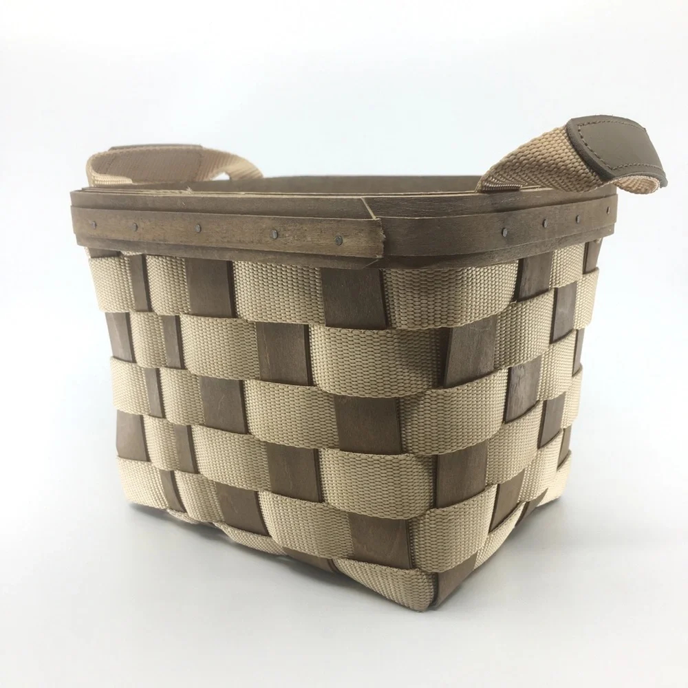 Vintage Longaberger Signed Bring Along Basket Tan Nylon Wood With Side Handles - Picture 2 of 11